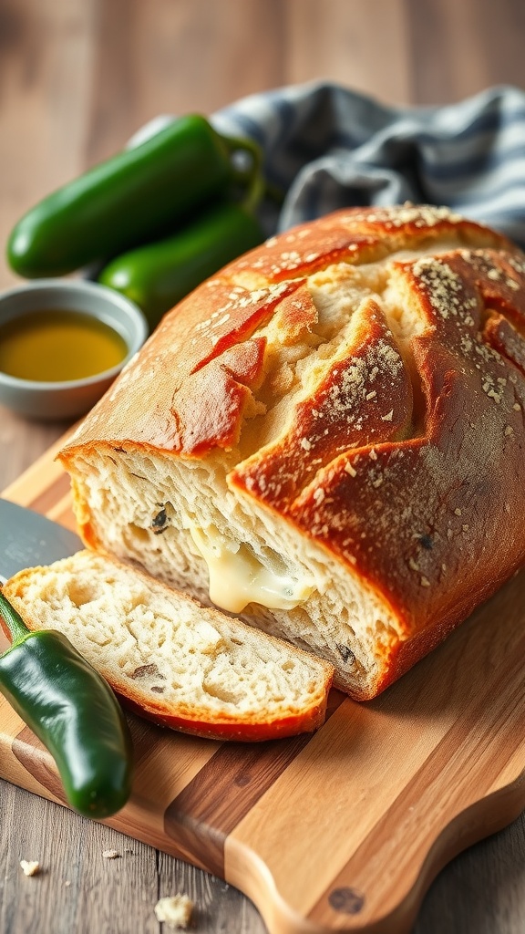 A golden crusted loaf of jalapeño and cheese sourdough bread on a wooden board, with cheese oozing from the cracks.
